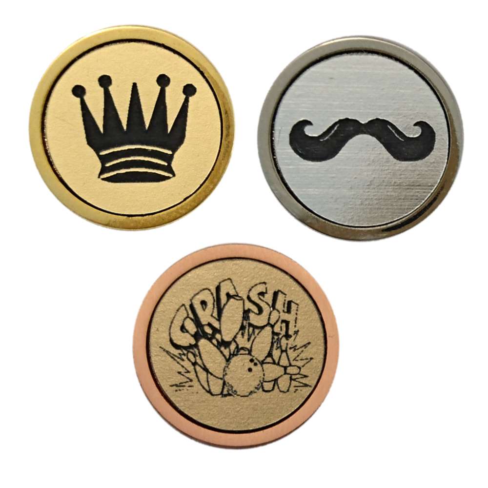 Runda pins i guld, silver och koppar med olika symboler, metallfinish, samlarpins, utmärkelsepin.