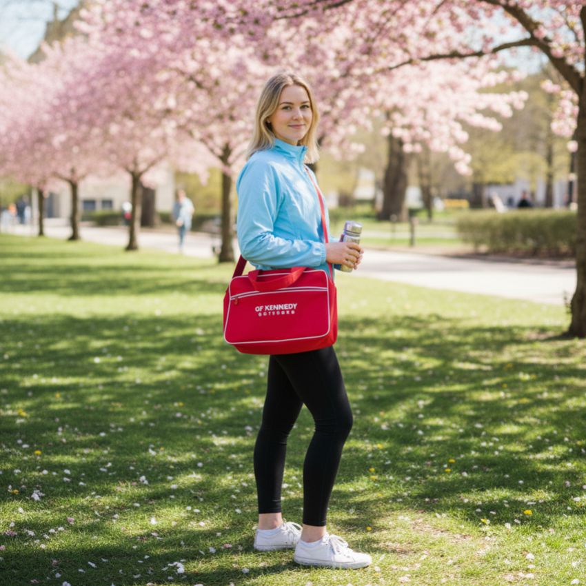 GF Kennedy retro axelväska i rött med vita detaljer och tydligt GF Kennedy-tryck